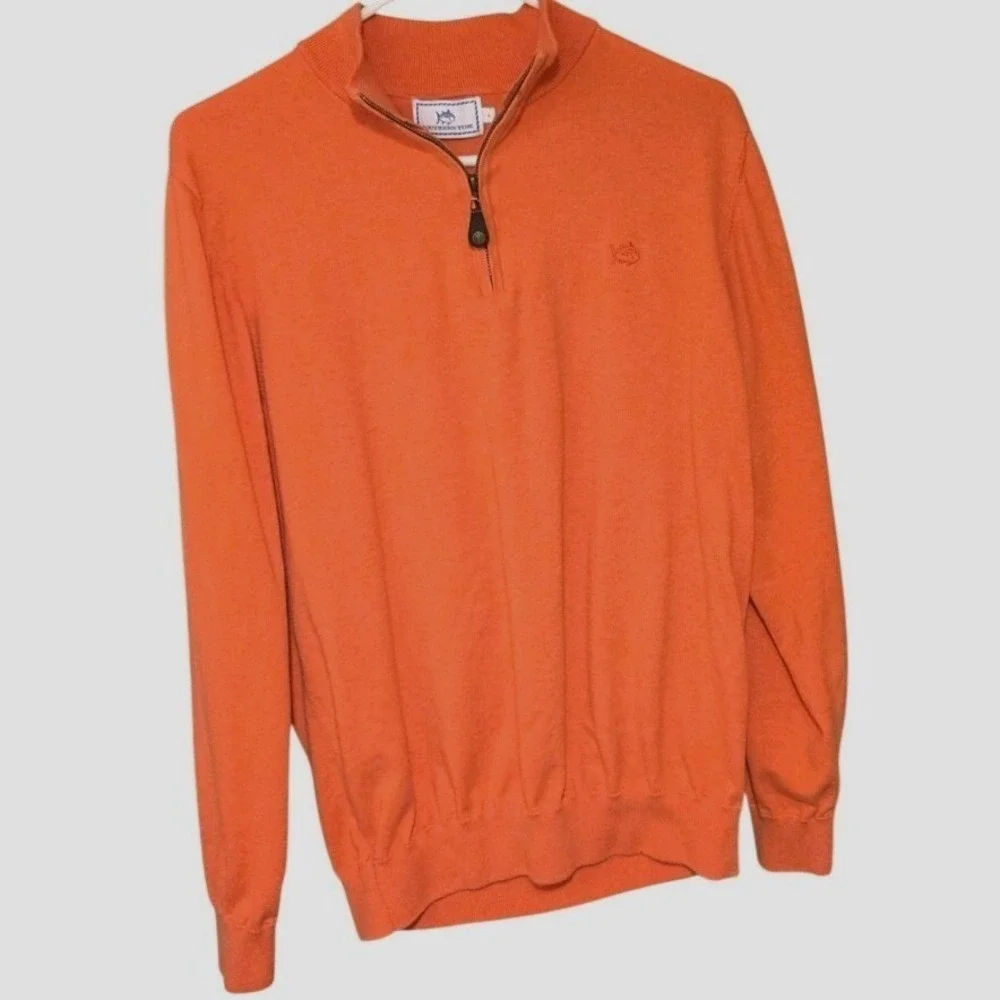 Southern Tide Mens Orange Cotton 1/4 Zip Pullover Sweater Preppy Golf Size L
